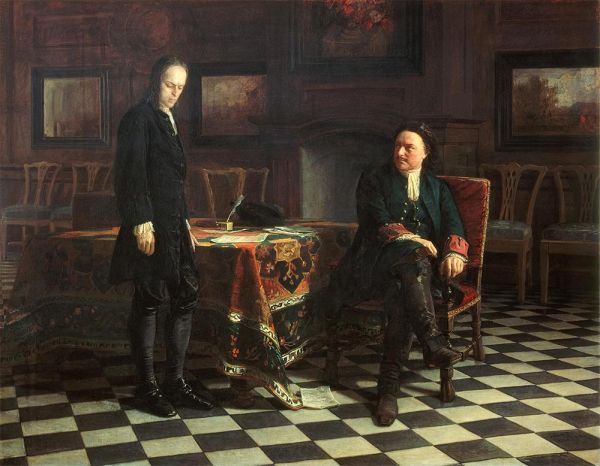 Peter der Große verhört Zarewitsch Alexej Petrowitsch bei Peterhof, 1871 | Nikolay Ge | Gemälde Reproduktion