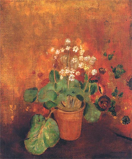 Flowers in a Pot on a Red Background, Undated | Odilon Redon | Painting Reproduction