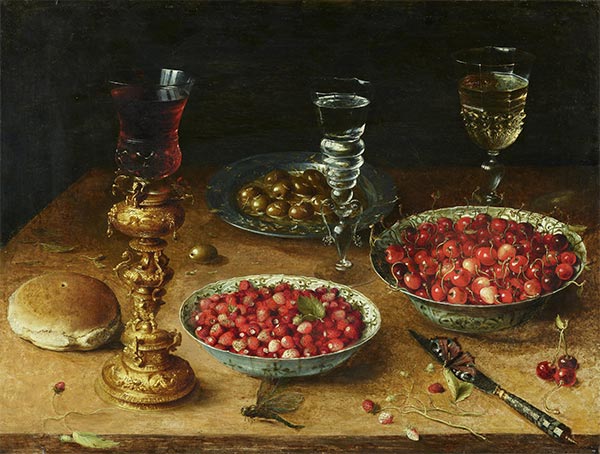 Still-Life with Cherries and Strawberries in China, 1608 | Osias Beert | Gemälde Reproduktion