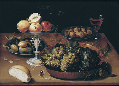 Grapes in a Dish, Apples in a Silver Tazza, Hazelnuts and Medlars on Pewter Plates, Glasses and Bread Roll on a Wooden Table, undated | Osias Beert | Painting Reproduction