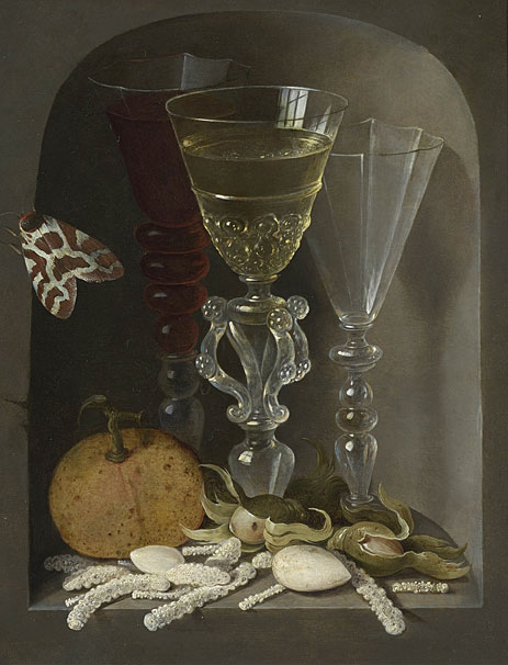 A Still Life of Three Wine Glasses, an Orange, Sweetmeats, Hazelnuts and a Moth in a Stone Niche, undated | Osias Beert | Painting Reproduction