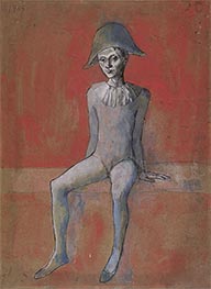 Harlequin sitting on red background, 1905 by Picasso | Painting Reproduction
