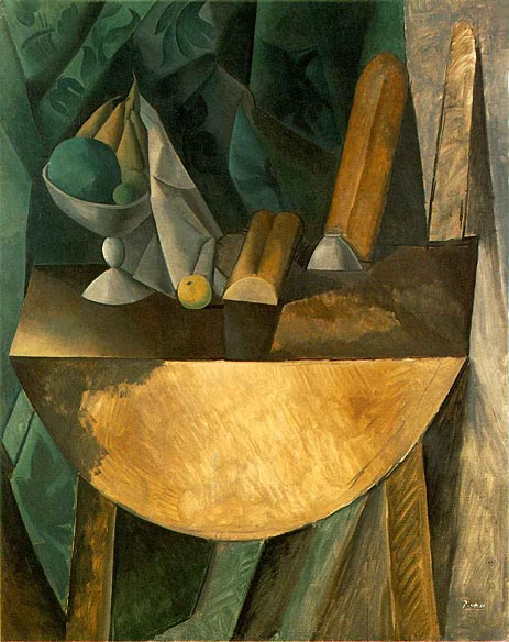 Brot und Obstschale mit Früchten auf einem Tisch, 1909 | Picasso | Gemälde Reproduktion