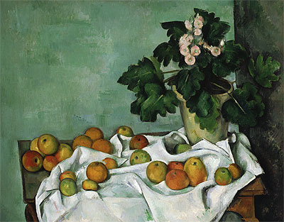 Stillleben mit Äpfeln und einem Topf Primeln | Cezanne | Gemälde Reproduktion
