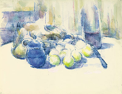 Still Life with Pears and Apples, Covered Blue Jar and a Bottle of Wine, n.d. | Cezanne | Painting Reproduction