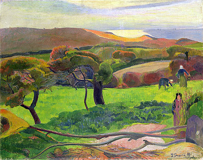 Bretonische Landschaft - Felder am Meer (Le Pouldu) | Gauguin | Gemälde Reproduktion