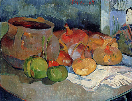 Stillleben mit Zwiebeln, Rote Bete und einem Druck | Gauguin | Gemälde Reproduktion