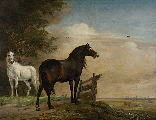 Two Horses in a Meadow near a Gate, 1649 | Paulus Potter | Painting Reproduction