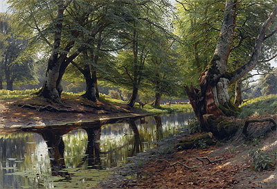 A Stream Through the Glen, Deer in the Distance, 1905 by Peder Monsted | Painting Reproduction