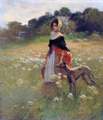 Young Girl and Dog | Edward Percy Moran | Painting Reproduction