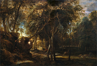 A Forest at Dawn with a Deer Hunt, c.1635 | Rubens | Gemälde Reproduktion
