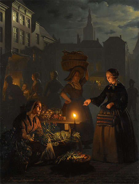 A Moonlit Vegetable Market, 1855 by Petrus van Schendel | Painting Reproduction