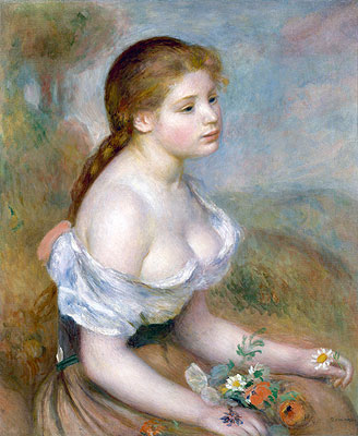 Young Girl with Daisies, 1889 by Renoir | Painting Reproduction
