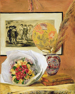 Still Life with Bouquet and Fan, 1871 | Renoir | Painting Reproduction
