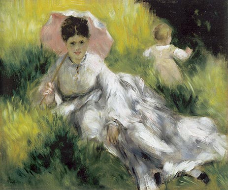 Woman with a Parasol and Child on a Sunlit Hillsid, c.1874/76 | Renoir | Painting Reproduction