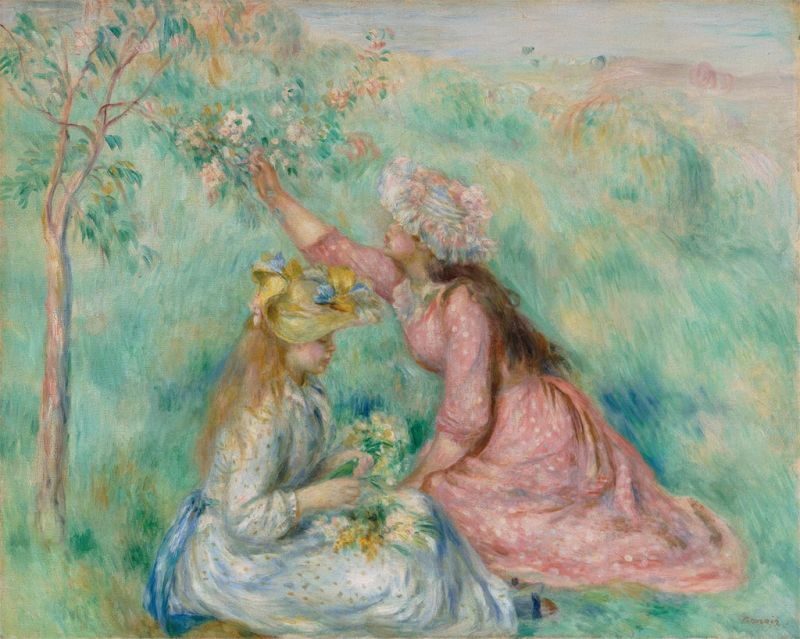 Girls Picking Flowers in a Meadow, c.1890 by Renoir | Painting Reproduction