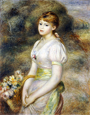 Young Girl with a Basket of Flowers | Renoir | Painting Reproduction
