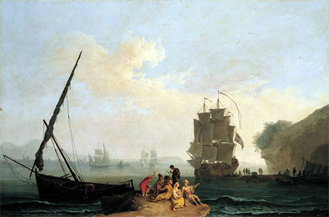 A Mediterranean Bay with a Merchantman Unloading, Seamen Playing Cards in the Foreground and a Port Beyond, c.1755/64 | Pierre Jacques Volaire | Painting Reproduction