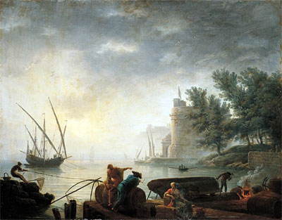 A Mediterranean Port by Moonlight with Fishermen Pulling in their Nets, c.1755/64 | Pierre Jacques Volaire | Gemälde Reproduktion