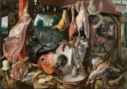 A Meat Stall with the Holy Family Giving Alms, 1551 by Pieter Aertsen | Painting Reproduction