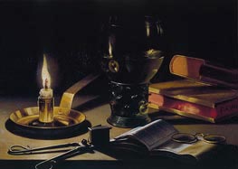 Stillleben mit Büchern und brennender Kerze, 1627 von Pieter Claesz | Gemälde-Reproduktion