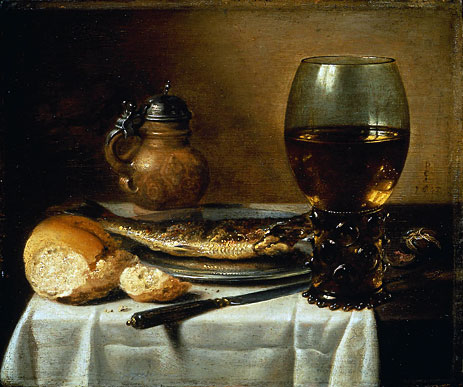 Still Life with Stoneware Jug, Wine Glass, Herring, and Bread, 1642 | Pieter Claesz | Painting Reproduction