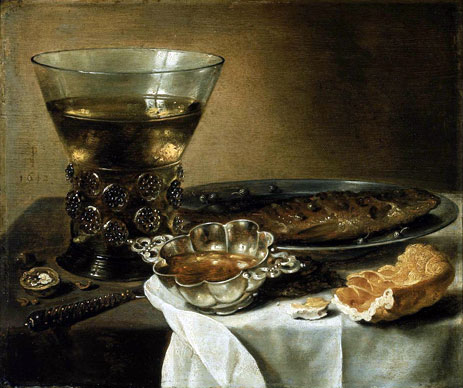 Still Life with Silver Brandy Bowl, Wine Glass, Herring, and Bread, 1642 | Pieter Claesz | Gemälde Reproduktion