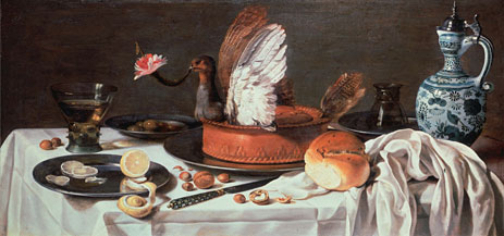 Tabletop Still Life with Pigeon Pie and Delftware Jug, c.1626 by Pieter Claesz | Painting Reproduction