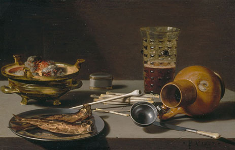 Still Life with Smoking Implements, Herring, and Overturned Jug, 1627 | Pieter Claesz | Painting Reproduction