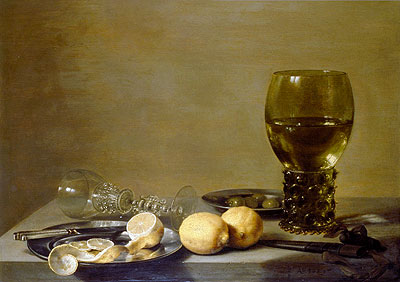 Still Life with Two Lemons, a Facon de Venise Glass, Roemer, Knife and Olives on a Table, 1629 | Pieter Claesz | Painting Reproduction