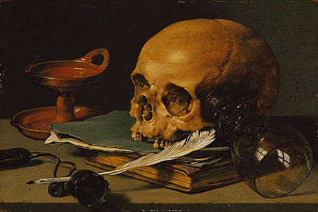 Still Life with a Skull and a Writing Quill, 1628 by Pieter Claesz | Painting Reproduction