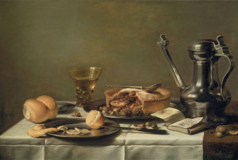 Still Life with Pewter Pitcher, Mince Pie, and Almanac, c.1630 | Pieter Claesz | Painting Reproduction