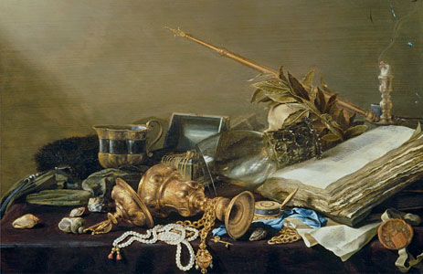 Vanitas Still Life with Overturned Gilded Cup and Chain, c.1630 by Pieter Claesz | Painting Reproduction