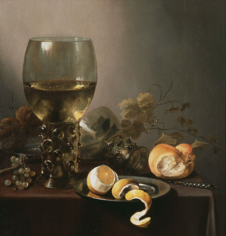 Still Life with Large Roemer, Lemon and Grapes, 1646 by Pieter Claesz | Painting Reproduction