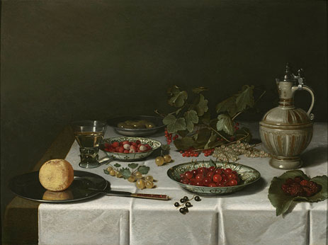 A Breakfast Still Life with Strawberries and Cherries, 1621 by Pieter Claesz | Painting Reproduction