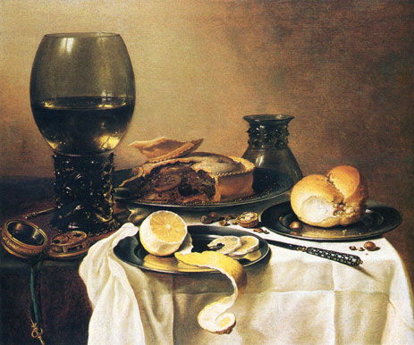Breakfast Still Life with Roemer, Meat Pie, Lemon and Bread, 1640 | Pieter Claesz | Gemälde Reproduktion