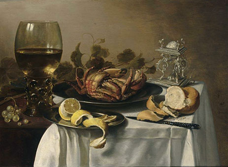 A Still Life with a Roemer, a Crab and a Peeled Lemon on a Pewter Plate, 1643 | Pieter Claesz | Painting Reproduction