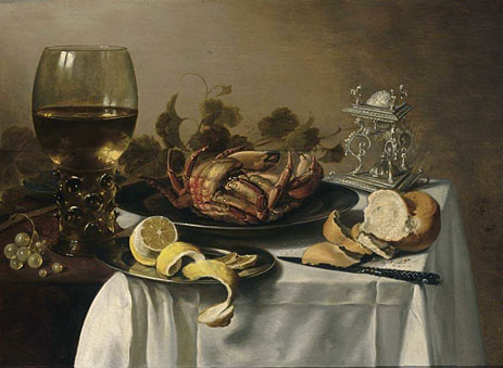 Ein Stillleben mit einem Römer, einer Krabbe und einer geschälten Zitrone auf einem Zinnteller | Pieter Claesz | Gemälde Reproduktion