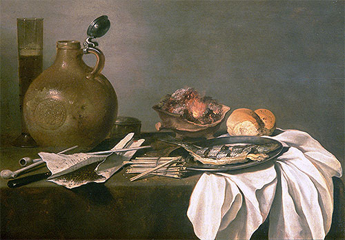 Stillleben mit Alkohol, Tabak, Fisch und Feuer | Pieter Claesz | Gemälde Reproduktion