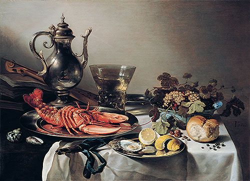 Tafel mit Hummer, Silberkrug, Obstschale, Geige und Büchern | Pieter Claesz | Gemälde Reproduktion