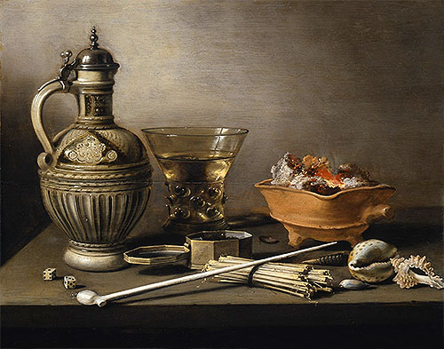 Stilleben mit einem Steinkrug, Berkemeyer und Rauchutensilien | Pieter Claesz | Gemälde Reproduktion