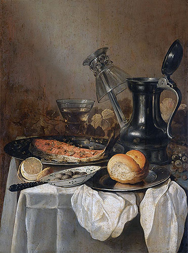 Stilleben mit einem Zinnkrug, umgedrehtem Weinglas und einer Scheibe Lachs | Pieter Claesz | Gemälde Reproduktion