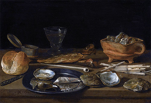 Stilleben mit Kohlenbecken, Weinglas und Brötchen | Pieter Claesz | Gemälde Reproduktion