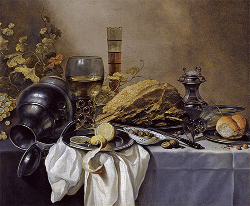 A Still Life with an Overturned Pewter Jug, a Roemer and a Blue Lined Beer Glass, undated | Pieter Claesz | Painting Reproduction