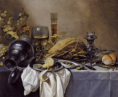 Ein Stilleben mit umgestürztem Zinnkrug, Römer und blau ausgekleidetem Bierglas | Pieter Claesz | Gemälde Reproduktion
