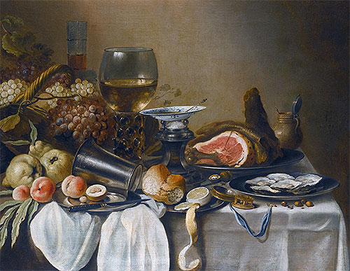 Still Life with a Ham, Fruits, Oysters and Bread, 1651 | Pieter Claesz | Painting Reproduction