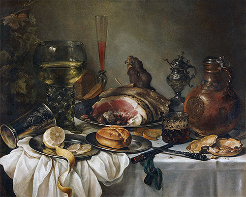 Still Life with a Roemer, Earthenware Jug, Overturned Silver Beaker and a Ham, undated | Pieter Claesz | Painting Reproduction