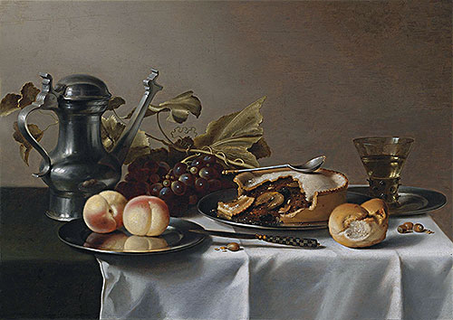 Still Life with Grapes, Pie, Peaches, Pewter Ewer and a Roemer, undated | Pieter Claesz | Painting Reproduction