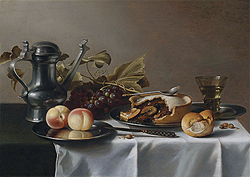 Still Life with Grapes, Pie, Peaches, Pewter Ewer and a Roemer | Pieter Claesz | Painting Reproduction