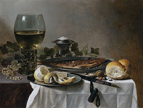 Still Life with Herring, Wine and Bread, 1647 | Pieter Claesz | Painting Reproduction